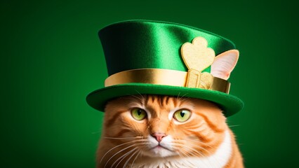 Portrait of a Fat Cat Wearing Leprechaun Hat Green St Patricks Day AI Generative