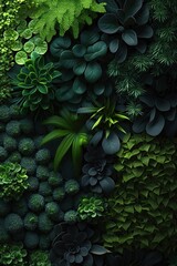 Lush vertical plant garden with plants in bright green and deep green. Landscape and design. Created using Generative AI.
