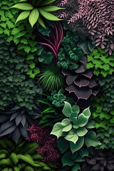 Lush vertical plant garden with plants in pink, burgundy, bright green, and deep green. Landscape and design. Created using Generative AI.