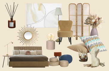 Bedroom interior design. Collage with different combinable furniture and decorative elements on beige background