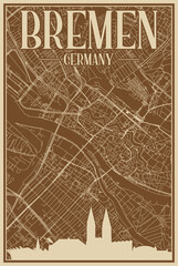 Brown hand-drawn framed poster of the downtown BREMEN, GERMANY with highlighted vintage city skyline and lettering