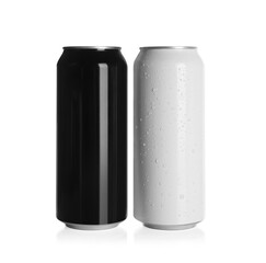 Aluminum cans with drinks on white background