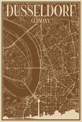 Brown hand-drawn framed poster of the downtown DUSSELDORF, GERMANY with highlighted vintage city skyline and lettering
