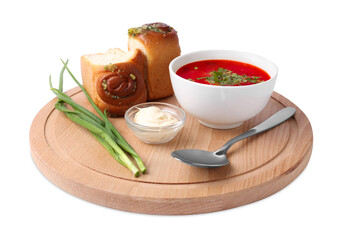 Delicious borsch served with pampushky isolated on white. Traditional Ukrainian cuisine