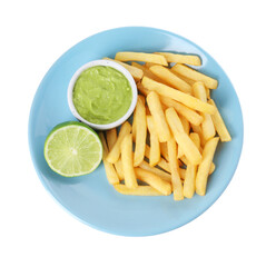 Plate with delicious french fries, avocado dip and lime isolated on white, top view