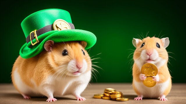 Hamsters Wearing Leprechaun Hat Gold Coins Green St Patricks Day AI Generative