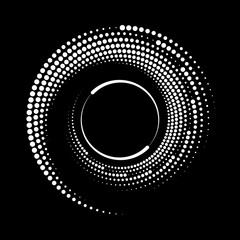 White halftone dots and lines in circle form. Geometric art. Segmented circle. Circular shape. Trendy design element for border frame, round logo, tattoo, sign, symbol, badge, emblem, web pages