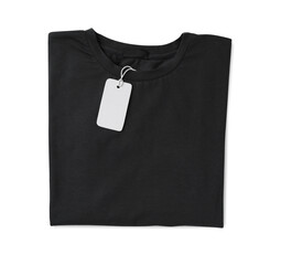 Stylish black T-shirt with label isolated on white, top view