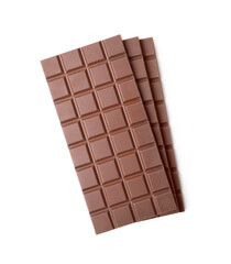 Delicious milk chocolate bars isolated on white, top view