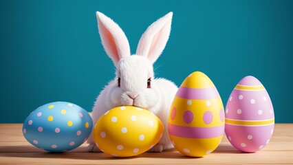 White Easter Bunny With Decorated Eggs and Background AI Generative