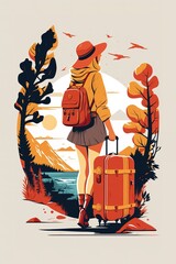 Women travelling alone concept. Flat design illustration. Generative AI vertical illustration