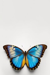 Blue morpho butterfly over white background. Studio shot with copy space. Generative AI vertical illustration