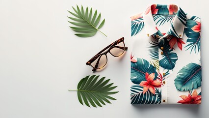 Hawaiian shirt and sunglasses over white background with copy space for text or advertisement. Generative AI illustration