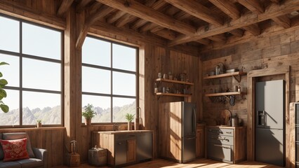 Rustic home design. wooden furniture, large windows cozy interior AI Generative