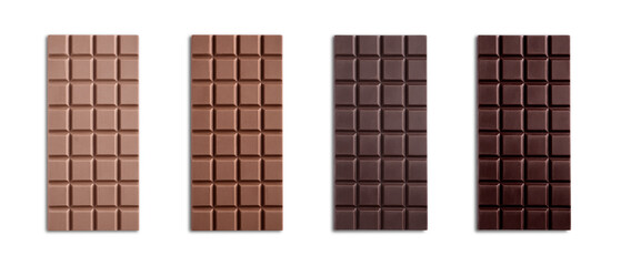Collage with tasty different chocolate bars on white background, top view