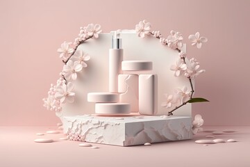 Cosmetic display stand with blossom blossoms on a pink background, on a white stone platform. Generative AI