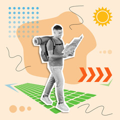 Smiling millennial european man tourist with backpack looks at map, goes at route with abstract...