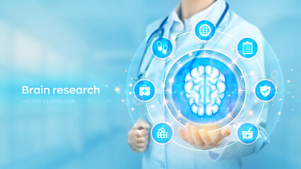 Brain research. Neurology. Doctor holding in hand the hologram of human brain and medical icons network connection on virtual screen. Innovative technology in science and medicine. Vector illustration