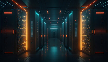 Data Center with Lights. Creative Illustration, simple, beautiful, subtle, technology, cloud computing infrastructure.  - obrazy, fototapety, plakaty