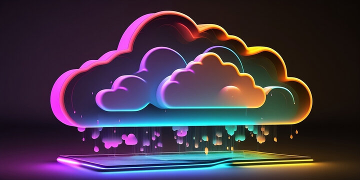 Cloud Computing Creative Illustration. 3D, Neon Colours, Creative, Subtle, Attractive.