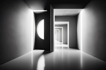 Abstract futuristic corridor with a vacant floor and room with lighting for the product showcase, space, interior, and display. Modern Future interior design concept with cement floor and walls