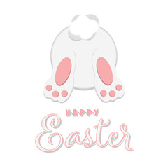 Happy Easter greeting card with cute easter bunny from back view and writing, isolated on White background. White easter bunny vector graphic illustration.