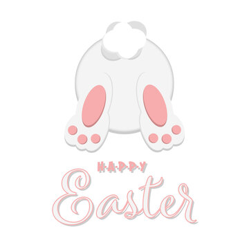 Happy Easter greeting card with cute easter bunny from back view and writing, isolated on White background. White easter bunny vector graphic illustration.