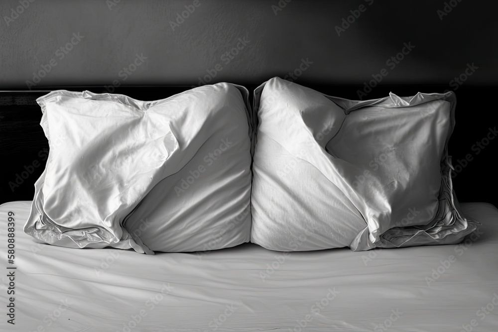 Wall mural two wrinkle pillow on bed in black and white color. generative ai