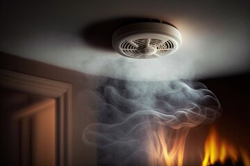 Smoke detector on the ceiling in case of fire alarm due to smoke as fire protection warning. Generative AI - obrazy, fototapety, plakaty