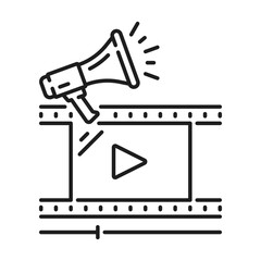 Retro picture or video film strip with megaphone loud speaker isolated icon. Vector film strip with play sign, digital cinema, movie and footage emblem