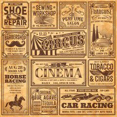 Vintage newspaper banners, old advertising on retro paper, vector background. Vintage newspaper page with news and ad posters of circus, cinema, tobacco shop and barbershop or shoe repair workshop © Vector Tradition
