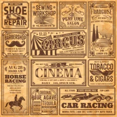 Deurstickers Vintage newspaper banners, old advertising on retro paper, vector background. Vintage newspaper page with news and ad posters of circus, cinema, tobacco shop and barbershop or shoe repair workshop © Vector Tradition