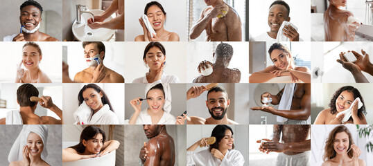 Satisfied millennial different people apply cream, serum, combing hair, shave, enjoy spa treatments and bath