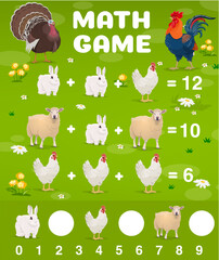 Cartoon farm animals math game worksheet. Vector mathematics riddle for children education and learning arithmetic equations with rabbit, chicken and sheep on green field. Calculation puzzle kids task