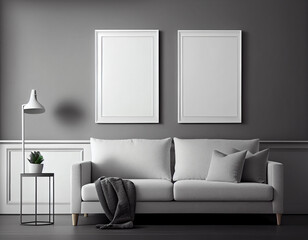 Blank picture frame mockup on gray wall in modern scandinavian living room with sofa. Two vertical templates for artwork, painting or poster. Minimalism concept, generative AI