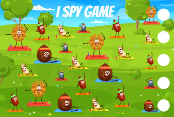 I spy game cartoon nuts characters on morning yoga fitness. Kid vector riddle with walnut, brazil, coconut, almond or sunflower seed personages exercising on summer meadow. How many nuts children test