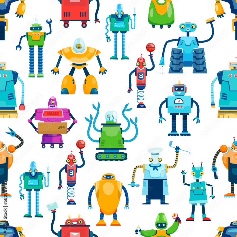 Fototapete cartoon robot characters seamless pattern. future technologies cute toy and bot vector personages ba