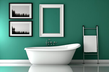 Fototapeta na wymiar Empty photo mock frame with bathtub and minimalistic surroundings with monotone colored wall
