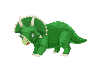 Cartoon Triceratops dinosaur character. Paleontology lizard, dinosaur comic vector personage. Mesozoic era herbivore animal, extinct green reptile or paleontology lizard childish personage with horns