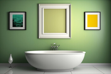 Obraz na płótnie Canvas Empty photo mock frame with bathtub and minimalistic surroundings with monotone colored wall