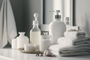 Fototapeta na wymiar Bath products organized with simple modern minimalistic white background bathroom interior, with bottles of shampoo, conditioner and tissue boxes
