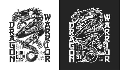 Chinese dragon mascot, fighting club t-shirt print, martial arts fight and sport team vector emblem. Boxing, Karate, Taekwondo or Jiujitsu and Judo sport fight club dragon snake and hieroglyphs slogan