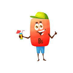 Cartoon vitamin B5 character with ice cream. Isolated food supplement vector personage in cap and shorts showing thumb up. Red pantothenic acid capsule resting on beach on summer vacation