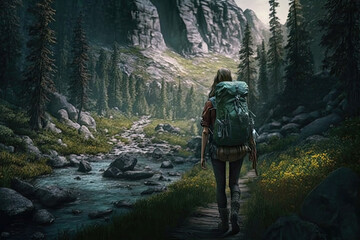 woman hiker in the mountains - made with generative ai