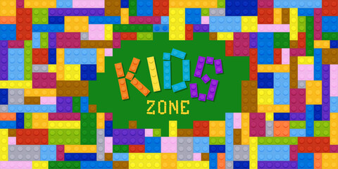 Kids zone background with brick blocks. Vector banner with plastic colorful constructor parts and building toy elements, Children playground, game area and playroom announcement signboard
