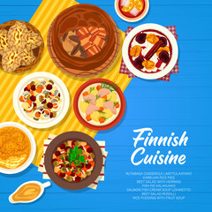 Finnish cuisine food menu page cover design. Rice pudding with fruit soup, Rosolli and beet salad with herring, fish pie Kalakukko and Lanttulaatikko, Karelian pies, salmon cream soup Lohikeitto