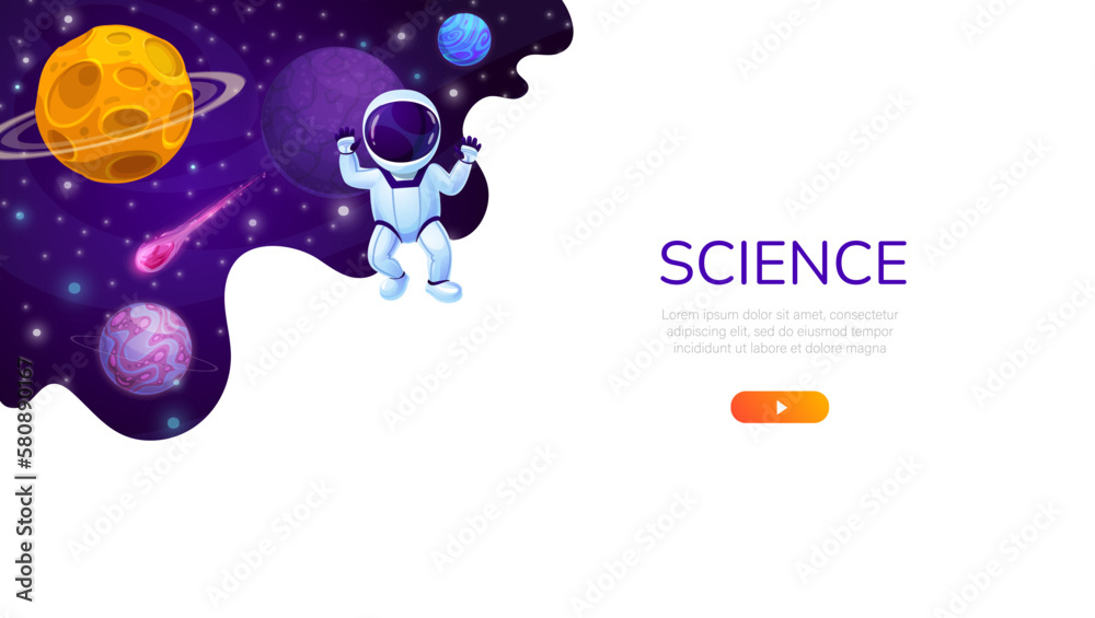 Poster Landing page space. Cartoon galaxy planets and astronaut in outer space vector website background of business startup landing page. Project or product launch web page template with fantasy universe