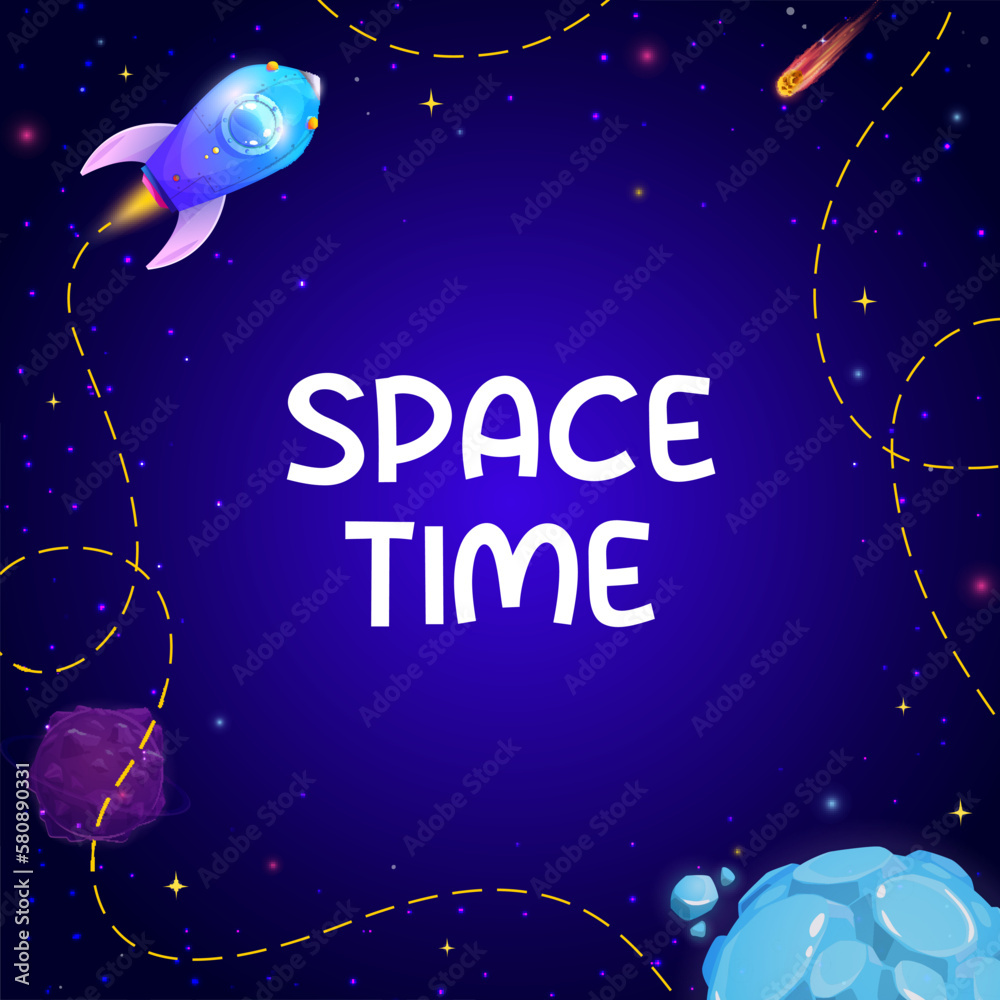 Poster Cartoon space background with rocket and stars. Vector fantasy planets of alien universe galaxy, spaceship, falling stars and asteroids border frame with copy space. Astronomy science or space travel