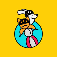 vector drawing of a cat and a dog on top of a motorcycle. logo for pet delivery.