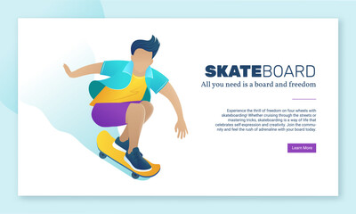 Skateboard landing page template, modern street activity. Skateboarding sport activity, hobby, recreation web banner. Teen boy riding and jumping with skateboard vector illustration isolated on white